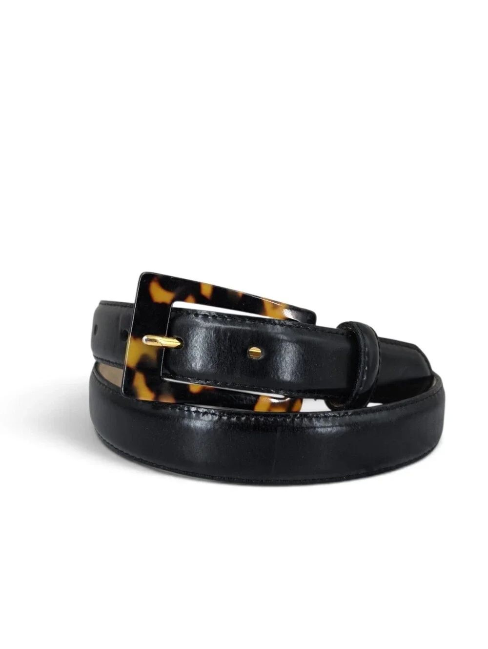 Vintage Black Leather Belt with Faux Tortoiseshell Buckle